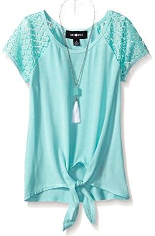 Amy Byer Big Girls' Tie Front Top with Lace Sleeves