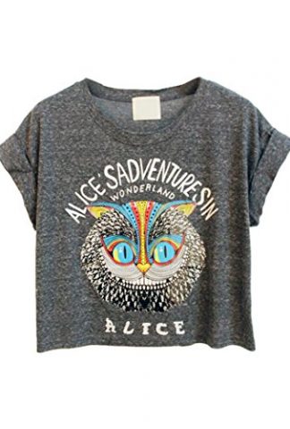 Choies Women's Cotton Cheshire Cat Pattern Short Sleeve Round Neck Loose Crop Top