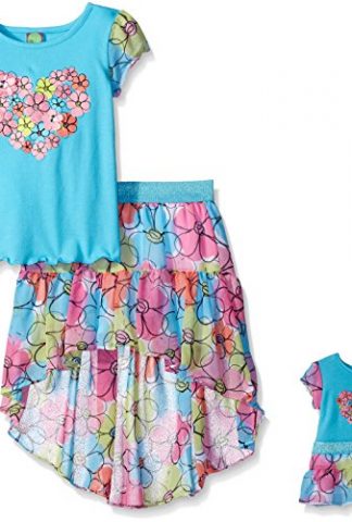 Dollie & Me Girls' Short Sleeve Floral Screen Printed Top with Hi-Lo Skirt Set