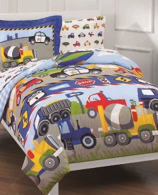 Dream Factory Trucks Tractors Cars Boys 5-Piece Comforter Sheet Set, Blue Red, Twin