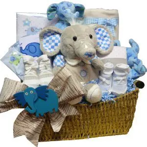 Eli or Ellie The Elephant Baby Gift Basket, Choice of Blue Boys or Pink Girls