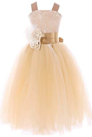 FAYBOX Pageant Wedding Flower Girl Dress Crossed Back Bow Feather Sash Fluffy