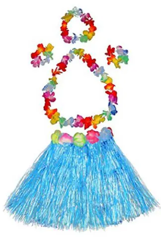 Girl's elastic Hawaiian hula dancer grass skirt with flower costume set-blue