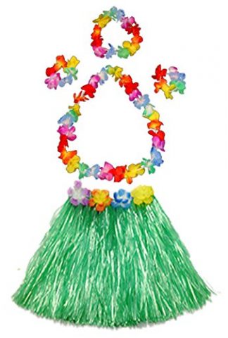 Girl's elastic Hawaiian hula dancer grass skirt with flower costume set-green