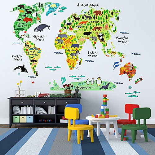 EveShine Animal World Map Peel Stick Nursery Wall Decals 