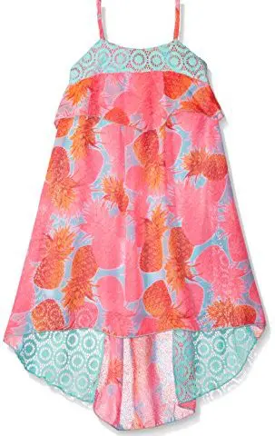 Limited Too Girls' Pineapple Print Chiffon Dress with Lace Overlay Edged Ruffle
