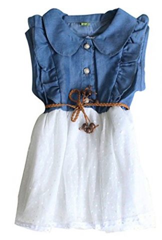 Little Hand Kids Girls Flower Dress Vintage Blue Roses with Bow Belt Wedding Sunday Dress