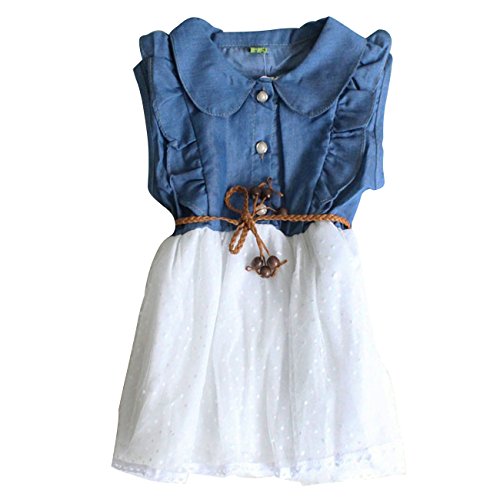 Little Hand Kids Girls Flower Dress Vintage Blue Roses with Bow Belt Wedding Sunday Dress
