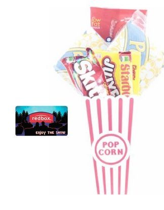 Movie Night Popcorn and Candy Gift Basket Plus 2 Free Redbox Movie Rentals ~ Includes Movie Theater Butter Popcorn and Concession Stand Candy and a Gift Card for 2 Redbox Movie Rentals