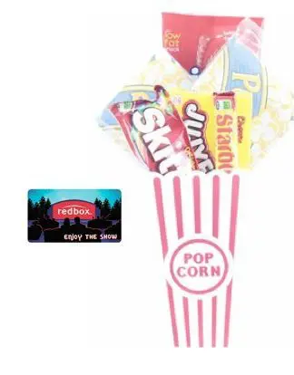 Movie Night Popcorn and Candy Gift Basket Plus 2 Free Redbox Movie Rentals ~ Includes Movie Theater Butter Popcorn and Concession Stand Candy and a Gift Card for 2 Redbox Movie Rentals