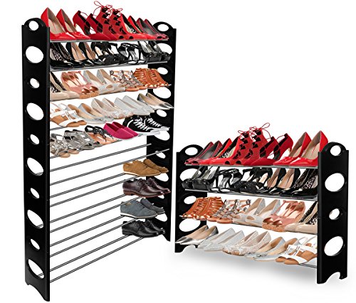 OxGord 50-Pair Shoe Rack Storage Organizer, 10-Tier Portable Wardrobe Closet Bench Tower Stackable, Adjustable Shelf - Strong & Sturdy Space Saver Wont Weaken or Collapse - Black