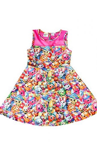 Shopkins Girls' Scuba Skater Dress w/Mesh Illusion Neckline Pink