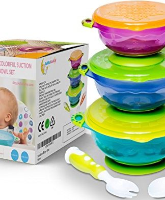 STAY PUT SUCTION BABY BOWLS - Suction Toddler Spill Proof Feeding Set | Bonus Spoon and Fork | 3 Sizes of Bowls and Snap Tight Lids | Perfect To Go Storage | FDA Approved BPA Free