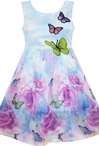 Sunny Fashion Girls Dress Rose Flower Print Butterfly Embroidery Purple