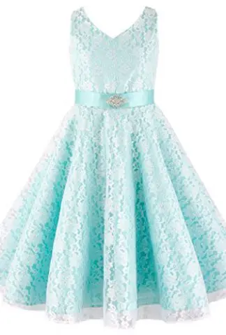 Wonder Girl V Neck Big Girls' Lace Flower Satin Dress Brooch Sash