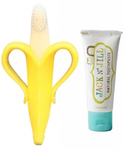 Baby Banana Brush Toothbrush With Handles For Infants with Jack N Jill Fluoride Free Toothpaste, Blueberry